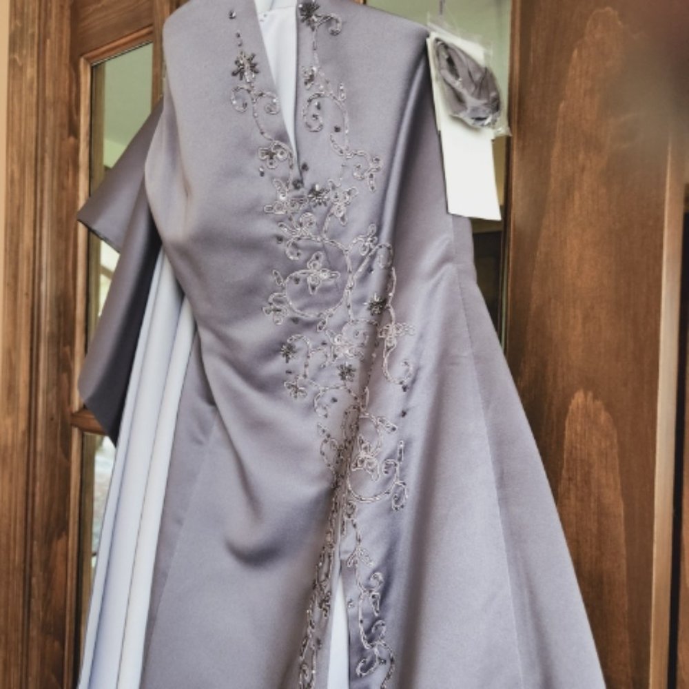 Michaelangelo Lavender Gray Embroidered Evening Dress